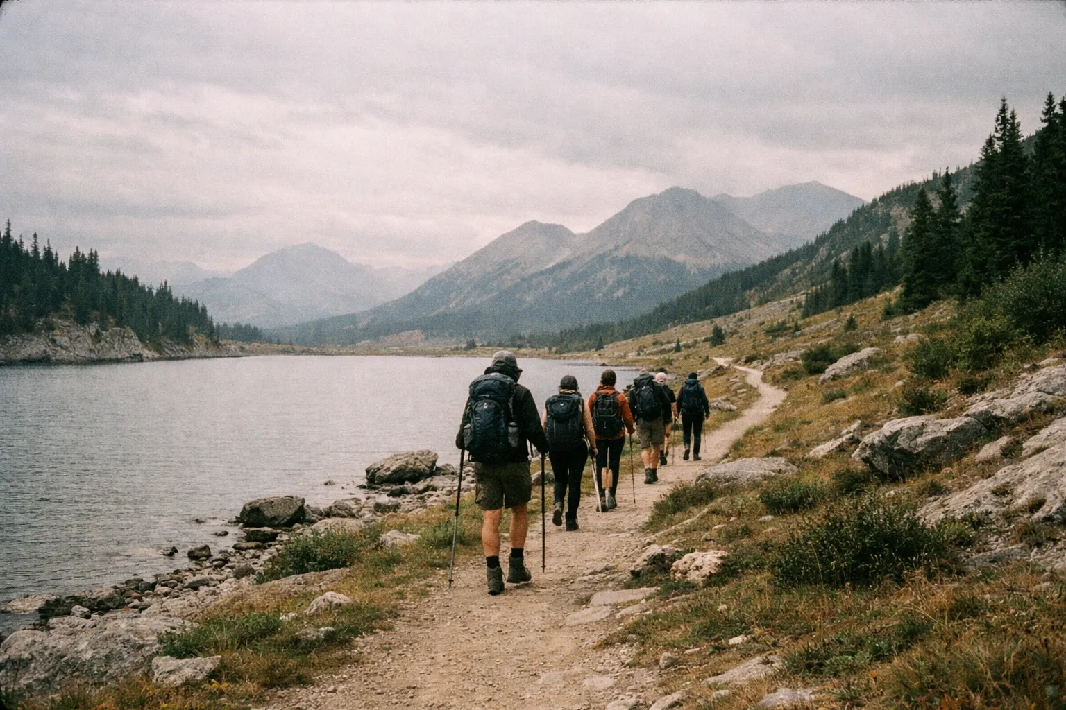 Hikers walk along a lakeside trail surrounded by mountains and trees.
