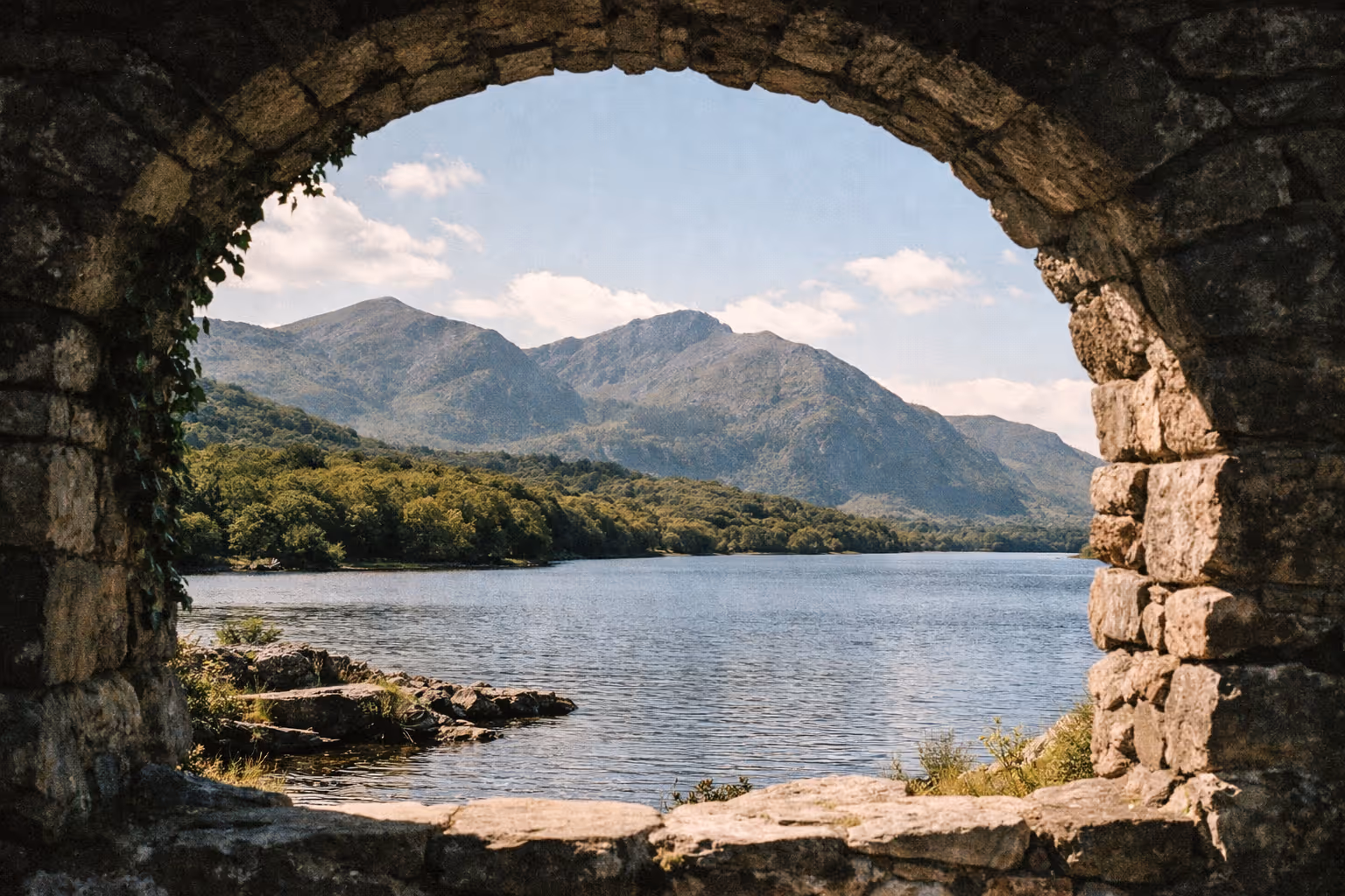 Mountains and a lake viewed through an old stone archway in Killarney National Park.