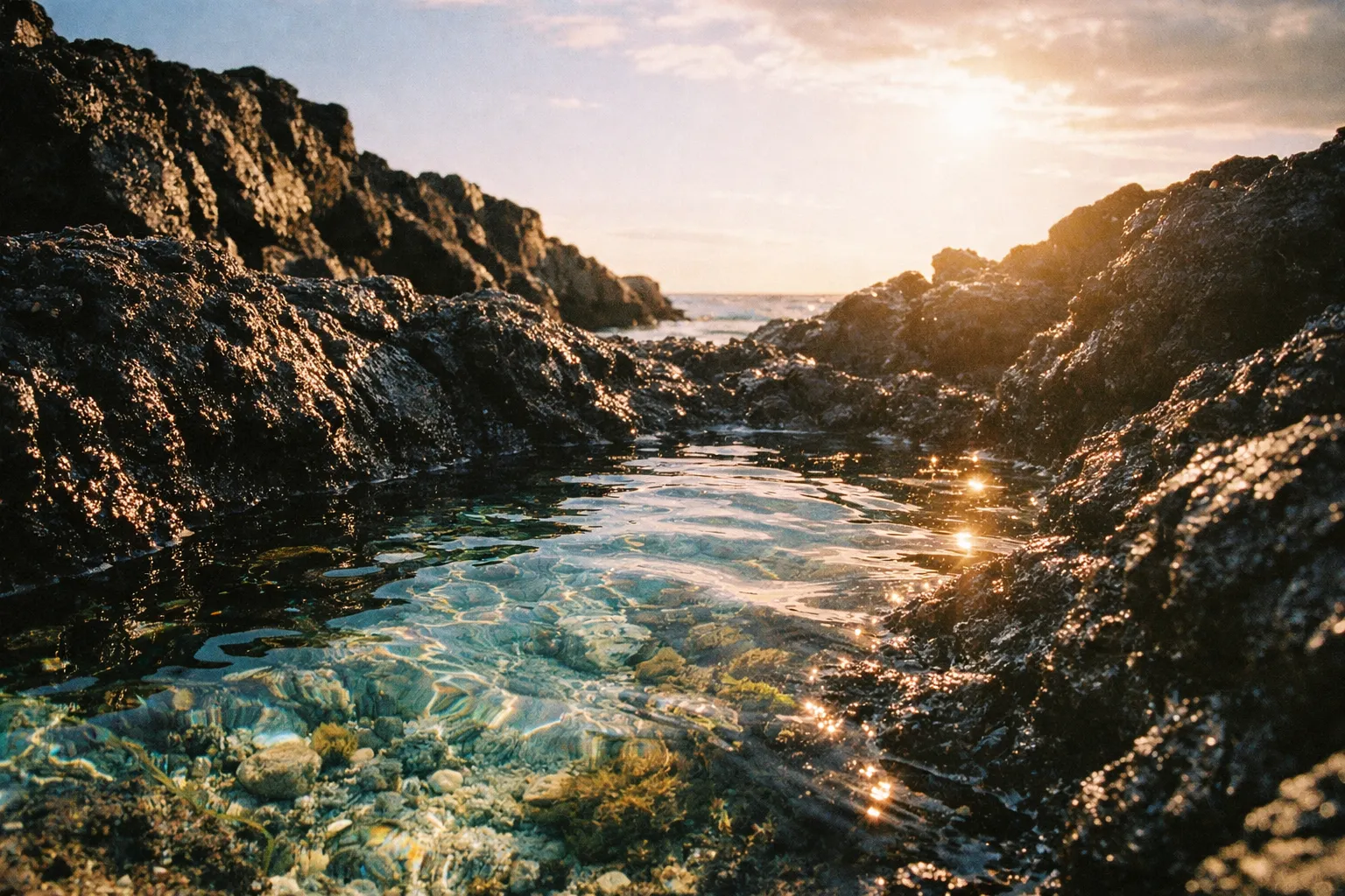 A tide pool surrounded by black volcanic rocks with the ocean and sun in the background.