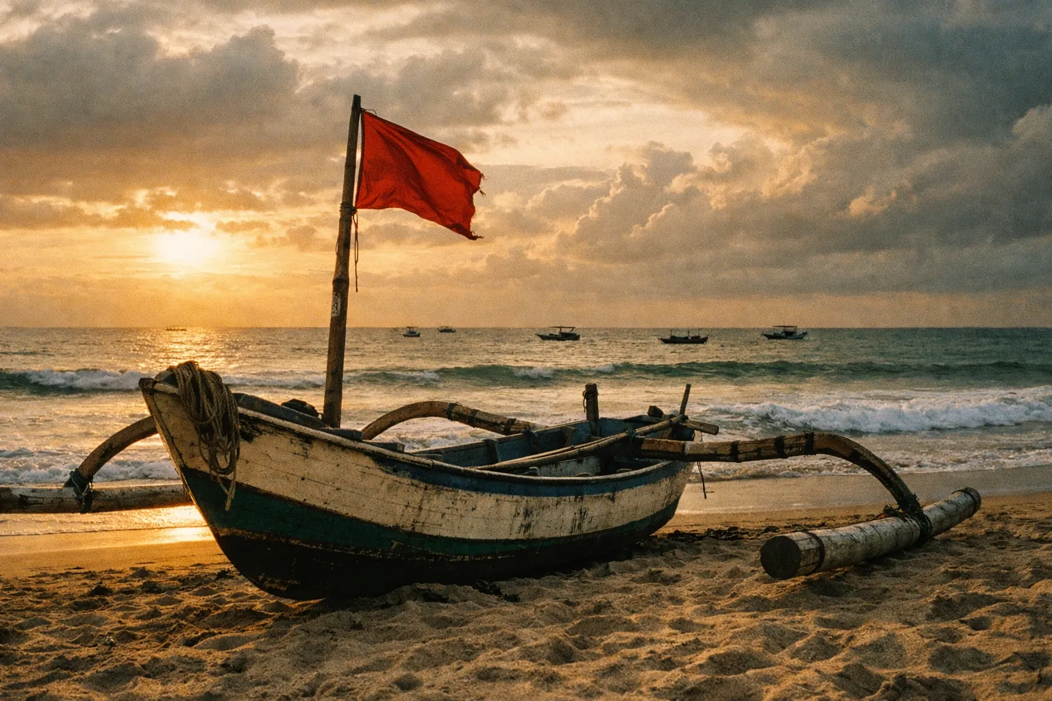 A traditional fishing boat with a red flag sits on the sandy shore at sunset in Kuta Beach, Bali.