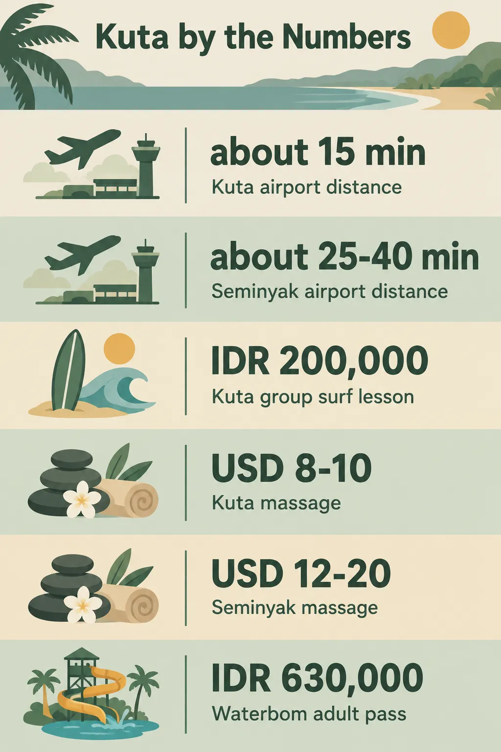 Infographic comparing Kuta and Seminyak: airport times, surf lesson and massage prices, and the Waterbom adult pass