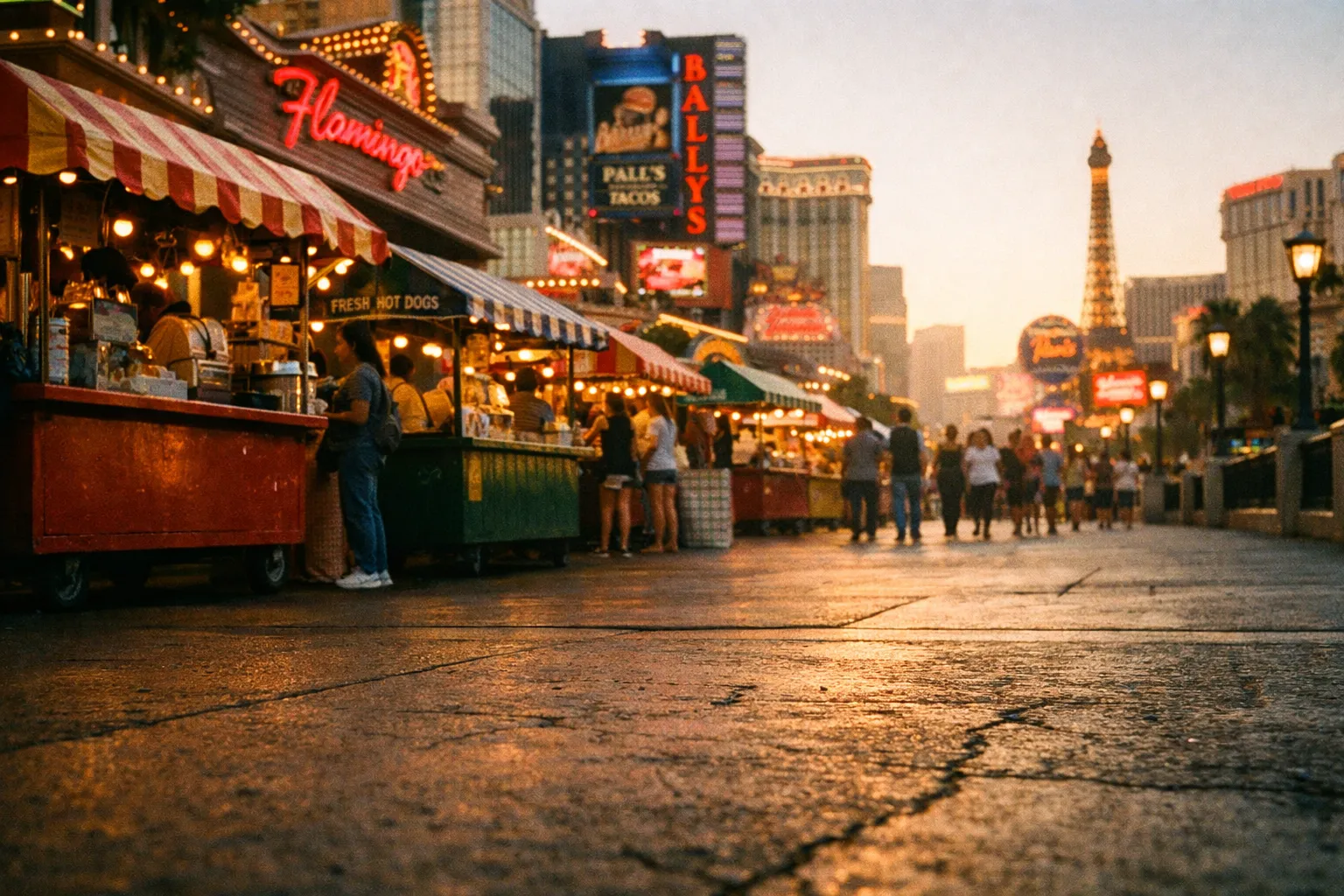 Street food stalls and people along the Las Vegas Strip with recognizable casino signs and the Eiffel Tower replica.