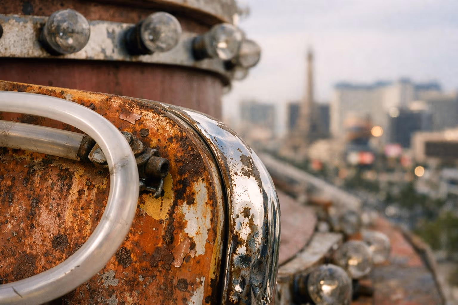 Close-up of a rusty neon sign with the Las Vegas Strip skyline in the blurred background.
