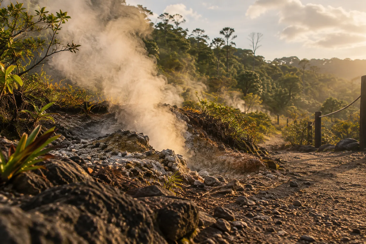 Steam rises from rocky geothermal vents along a forest trail in Costa Rica.