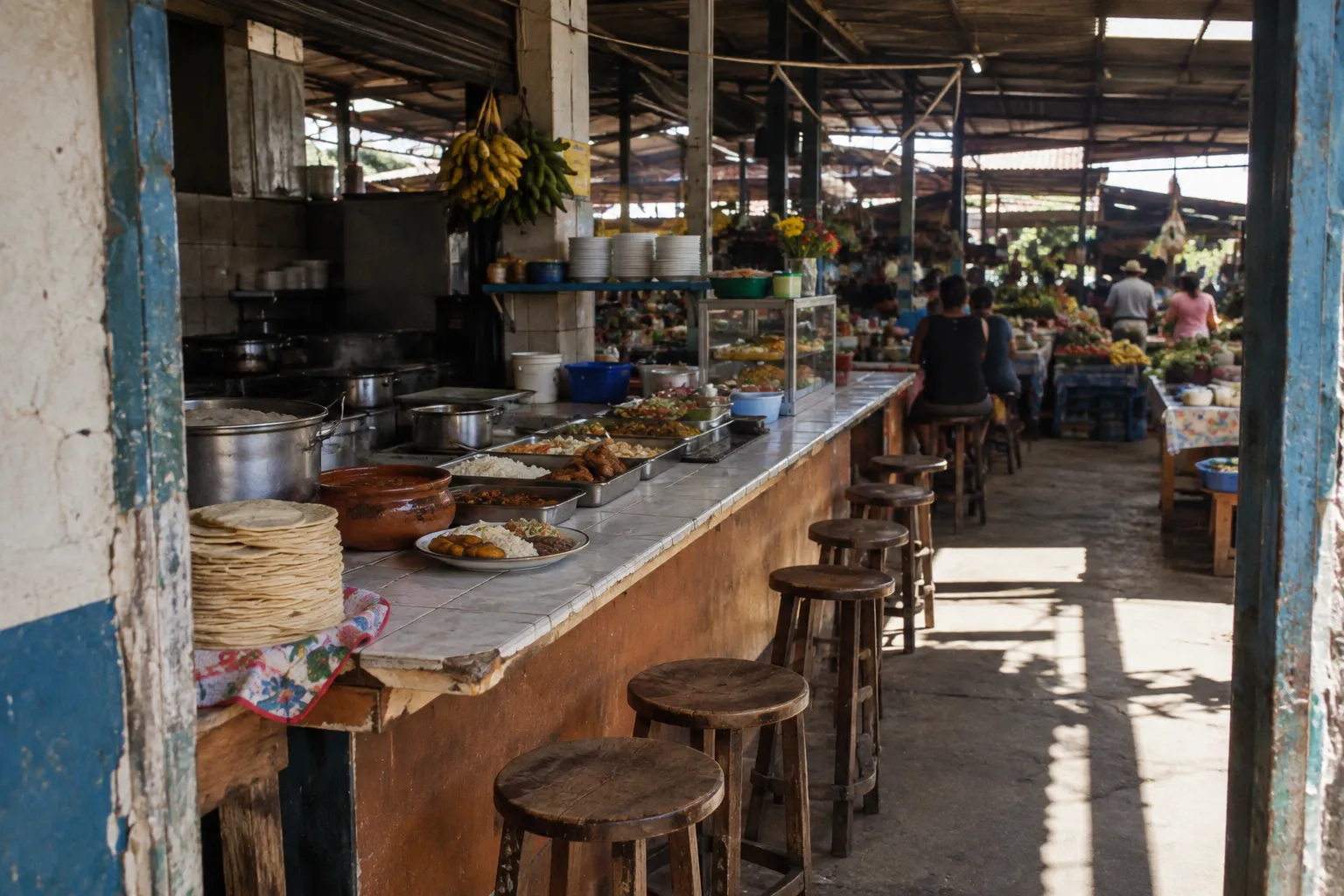 A food stall serving local dishes and tortillas inside a busy covered market.