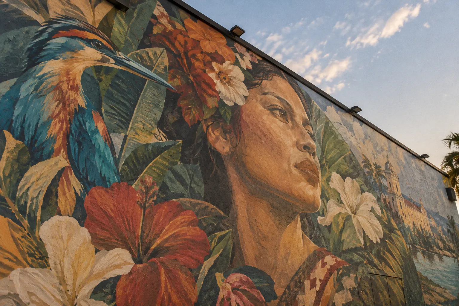A colorful mural of a woman, tropical flowers, and a bird covers a wall in Miami's Wynwood district.