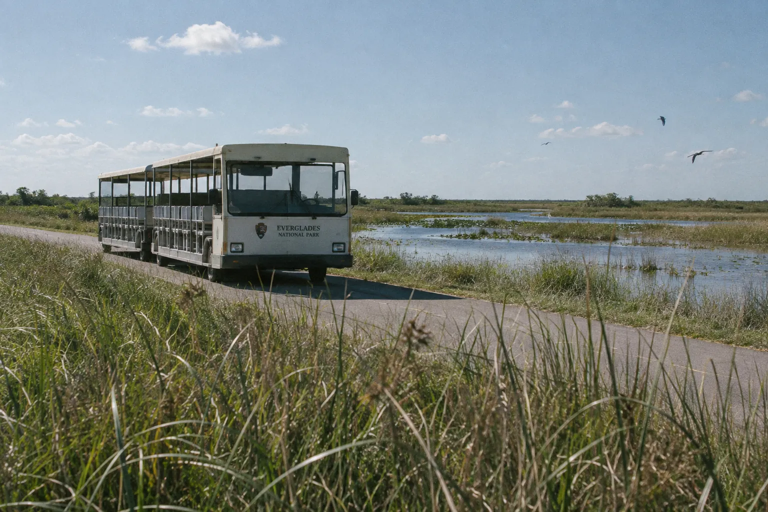 A tram travels through the wetlands of Everglades National Park.