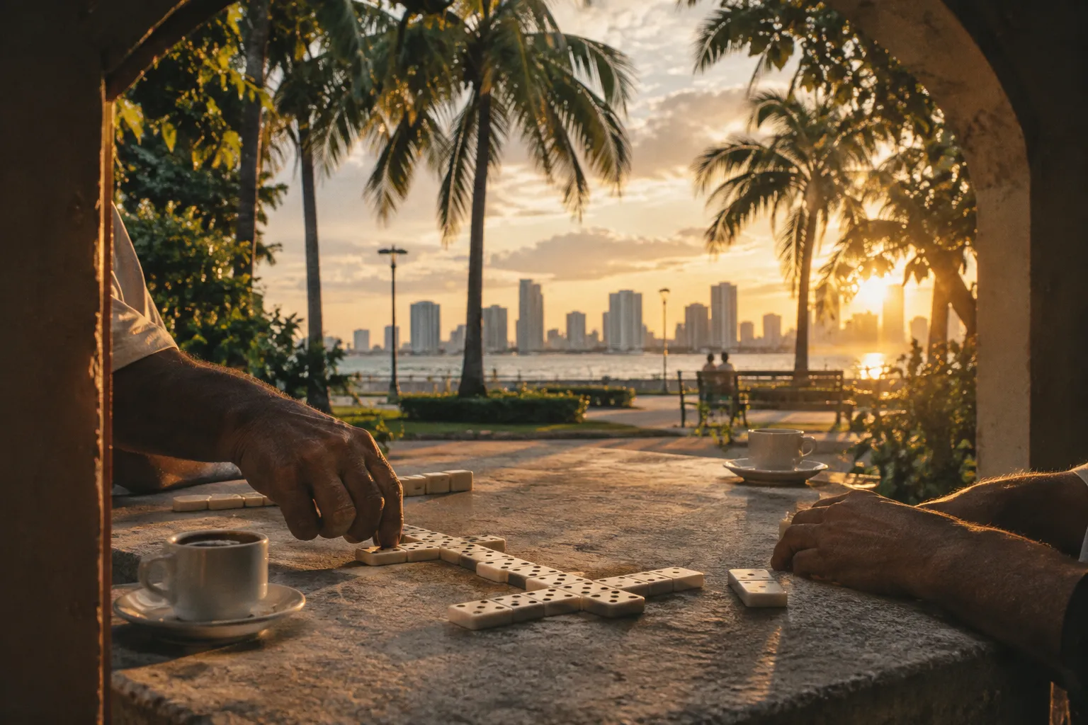 People play dominoes at a palm-lined waterfront in Miami at sunset.
