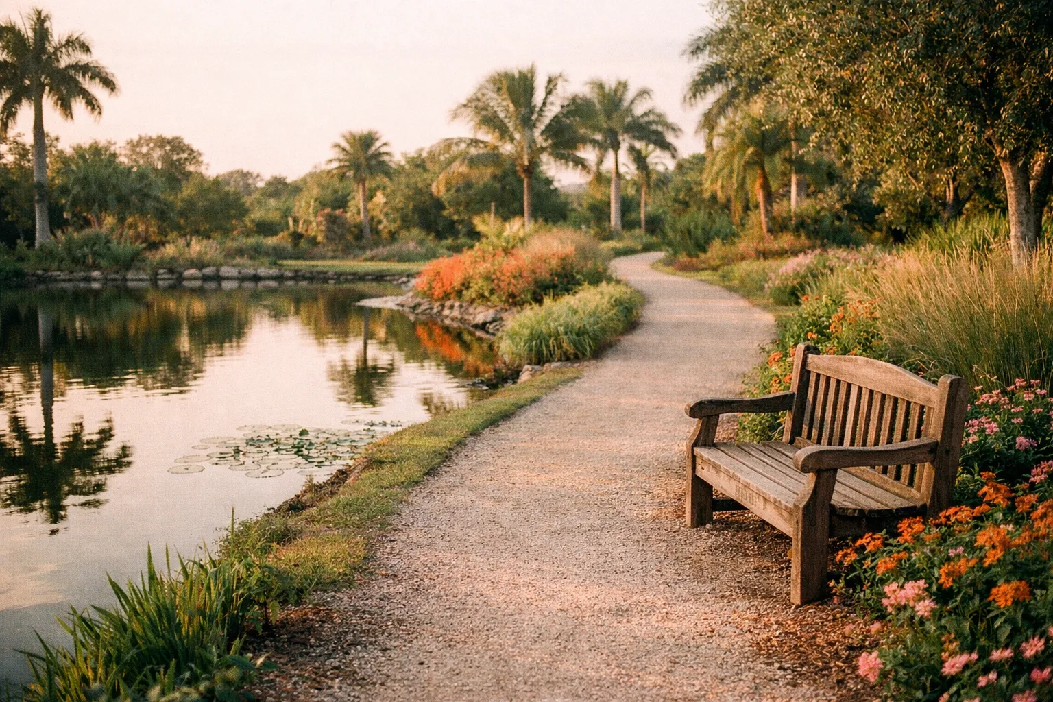 Sun-dappled garden path at Naples Botanical Garden with a bench and tranquil pond