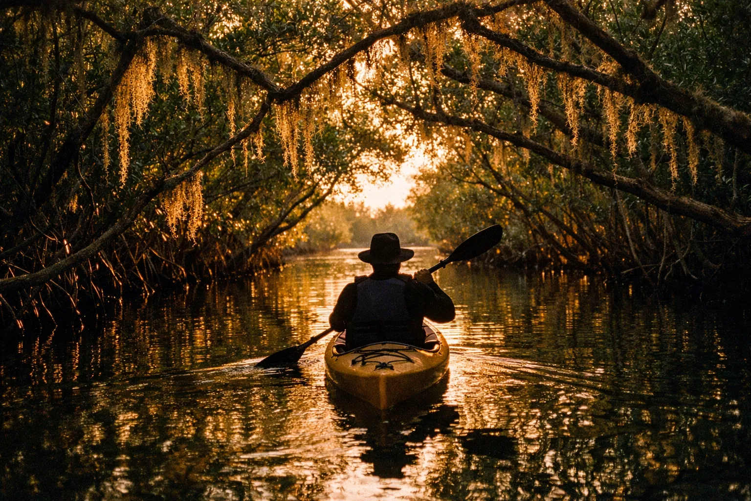 Kayak gliding through a mangrove channel near Naples at golden hour, silhouette in the back