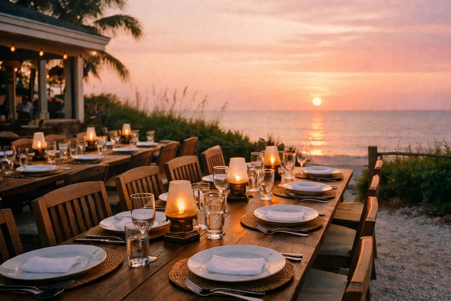 Beachfront outdoor dining setup at sunset with wooden tables and candles
