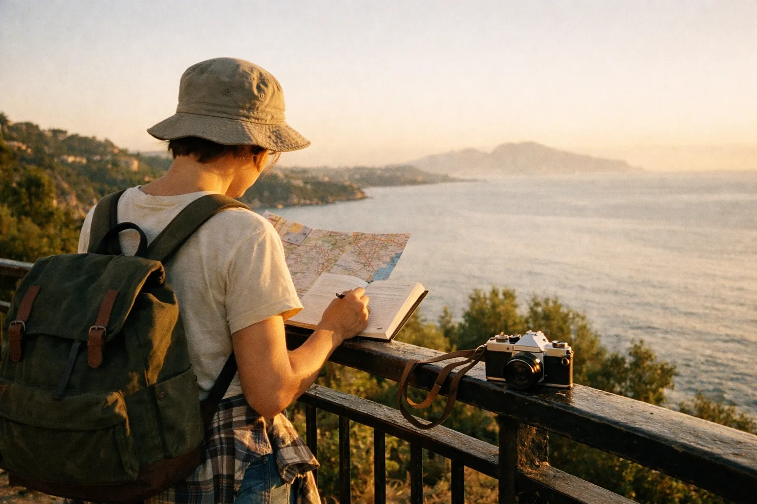 Traveler silhouette studying a map on a sunlit coastal overlook in Naples