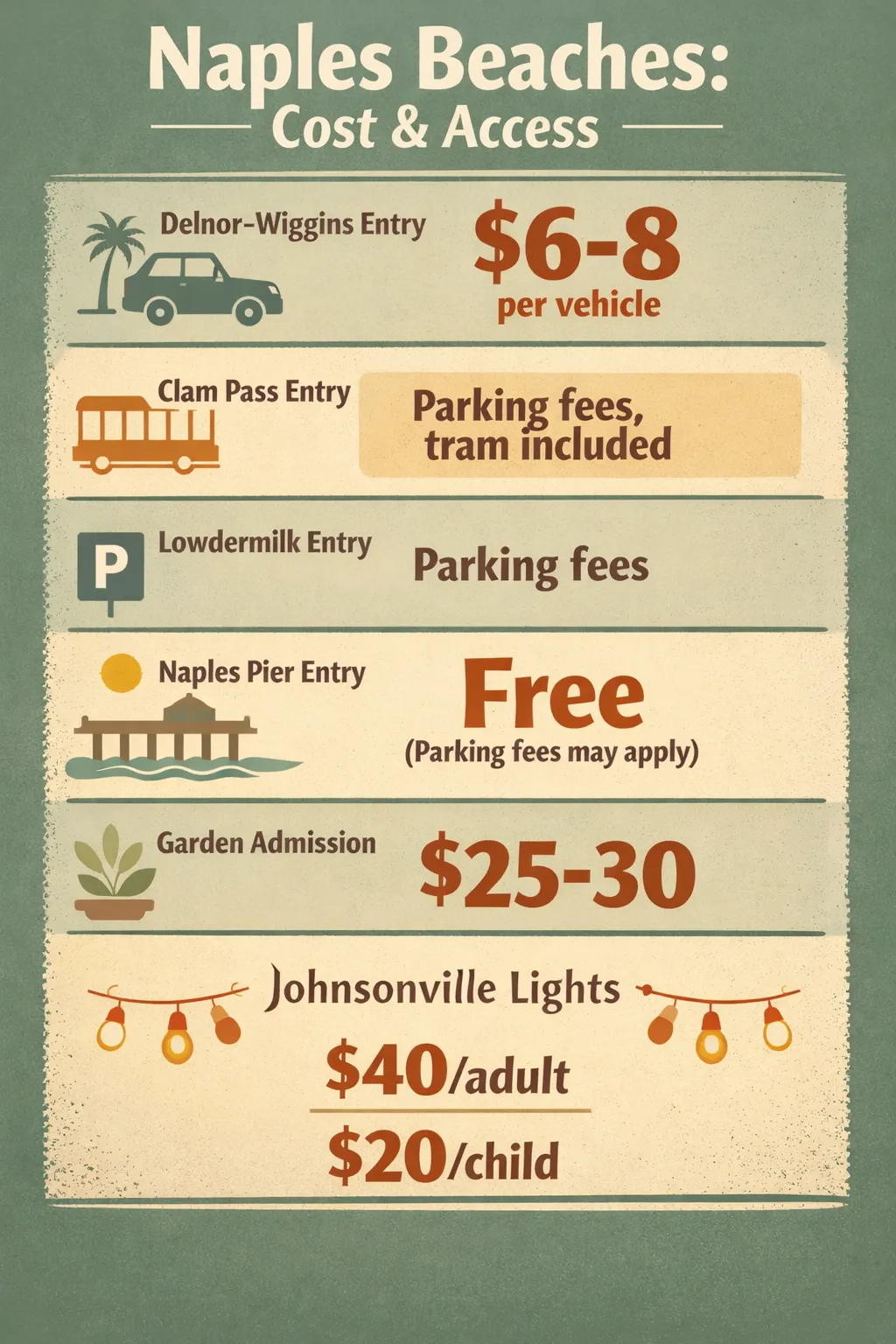 Price and access snapshot of Naples beaches and gardens: Delnor-Wiggins, Clam Pass, Lowdermilk, Naples Pier, Naples