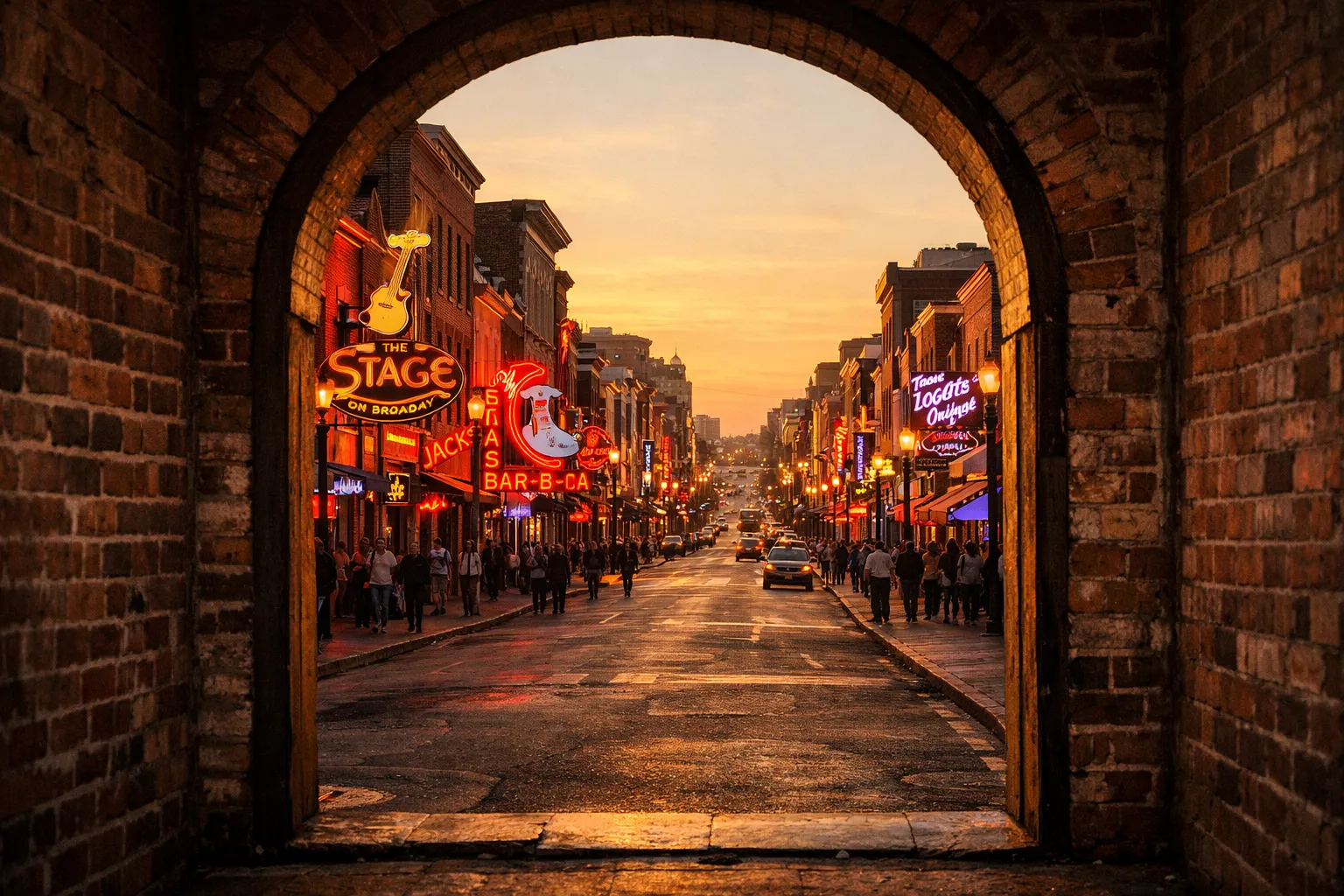 Neon signs and crowds line Lower Broadway in Nashville at sunset.