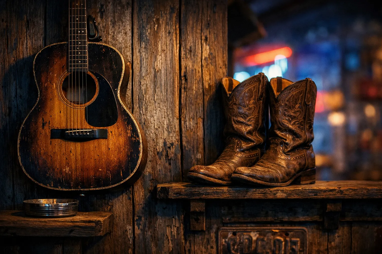 A worn acoustic guitar and cowboy boots rest against a rustic wooden wall in a dimly lit bar.