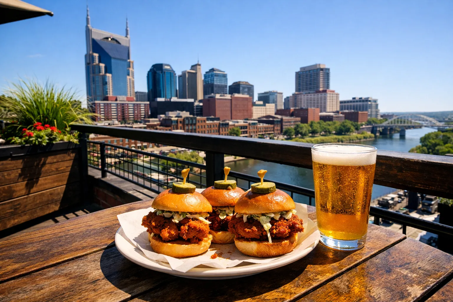 A plate of fried chicken sandwiches and a glass of beer on a rooftop overlooking downtown Nashville.