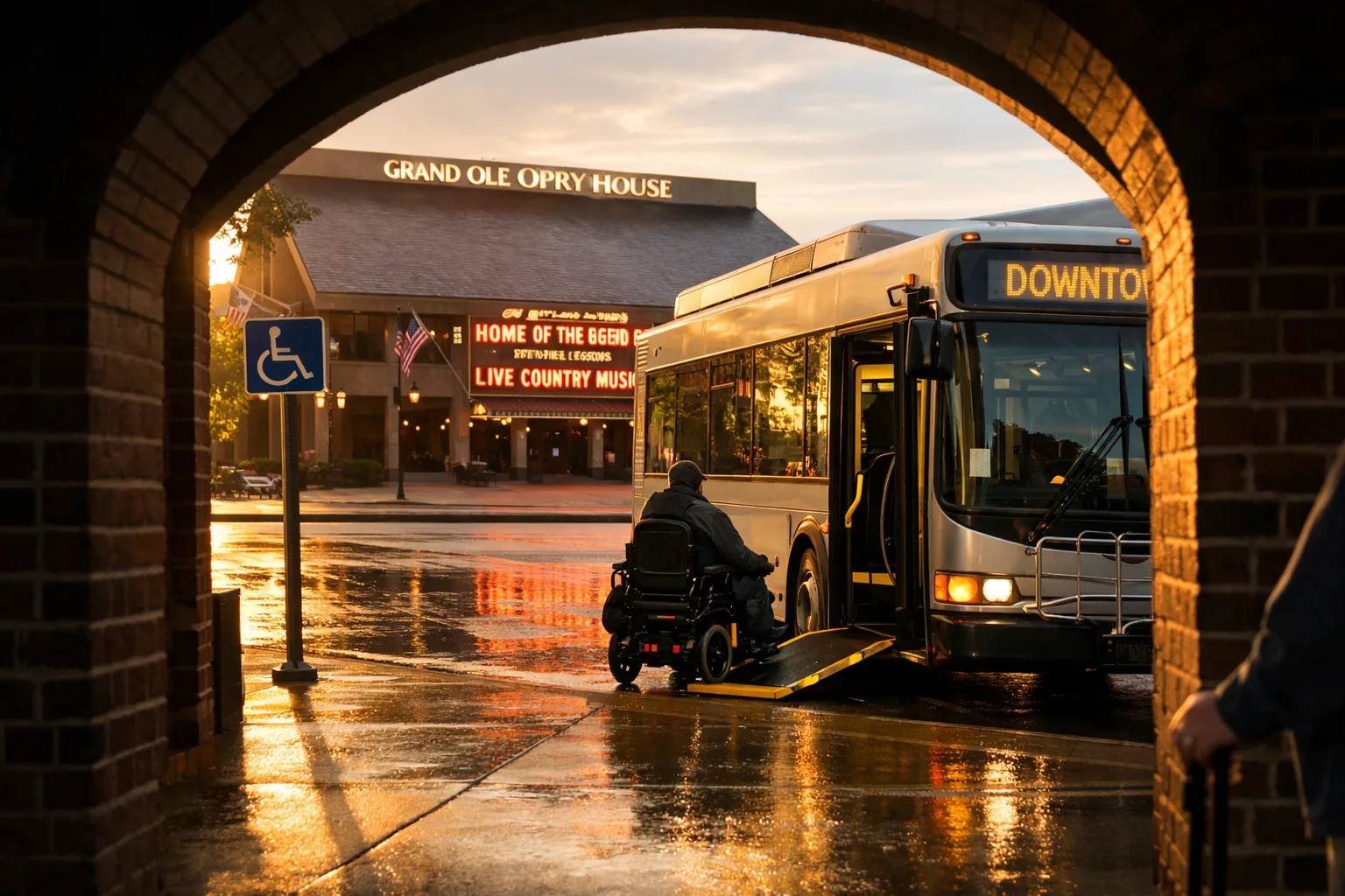 A person in a wheelchair boards a city bus in front of the Grand Ole Opry House in Nashville at sunset.