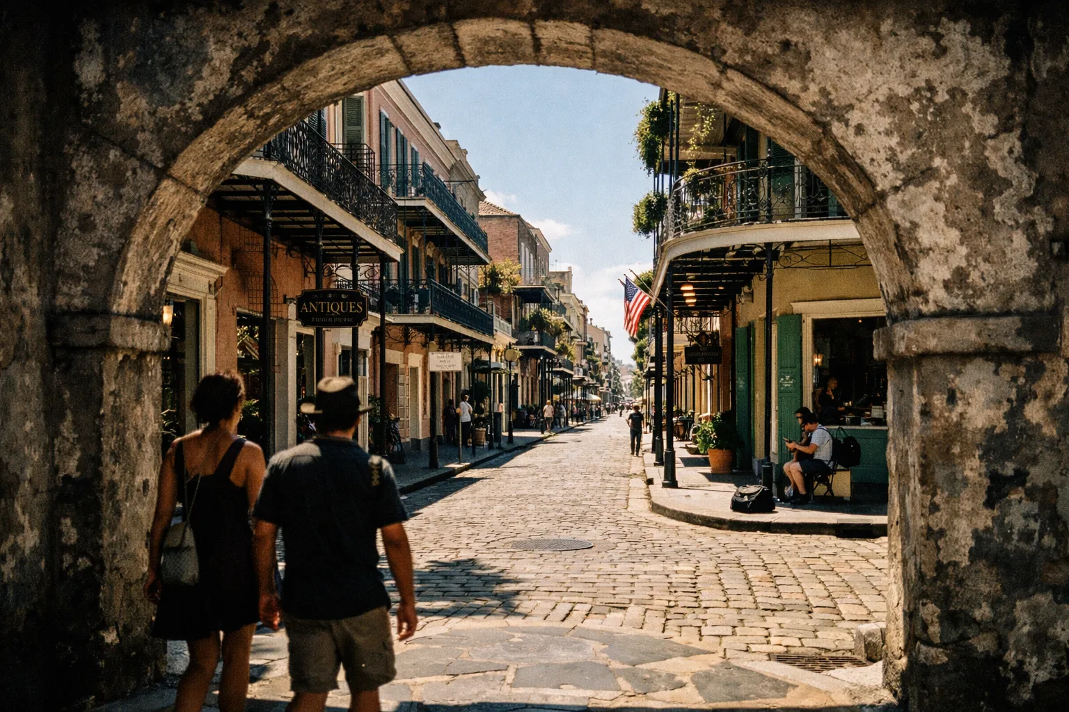 Couple walking under a stone arch into a cobblestone street in the New Orleans French Quarter.