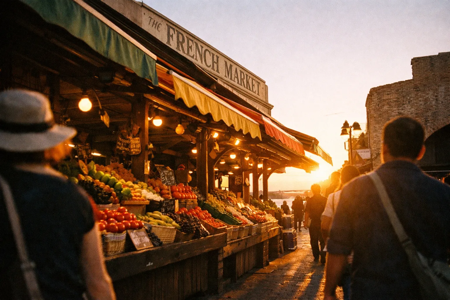 People walk past colorful produce stands at the French Market in New Orleans at sunset.