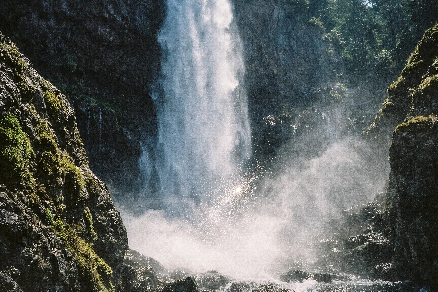 A waterfall cascades down rocky cliffs surrounded by trees and mist at the base.
