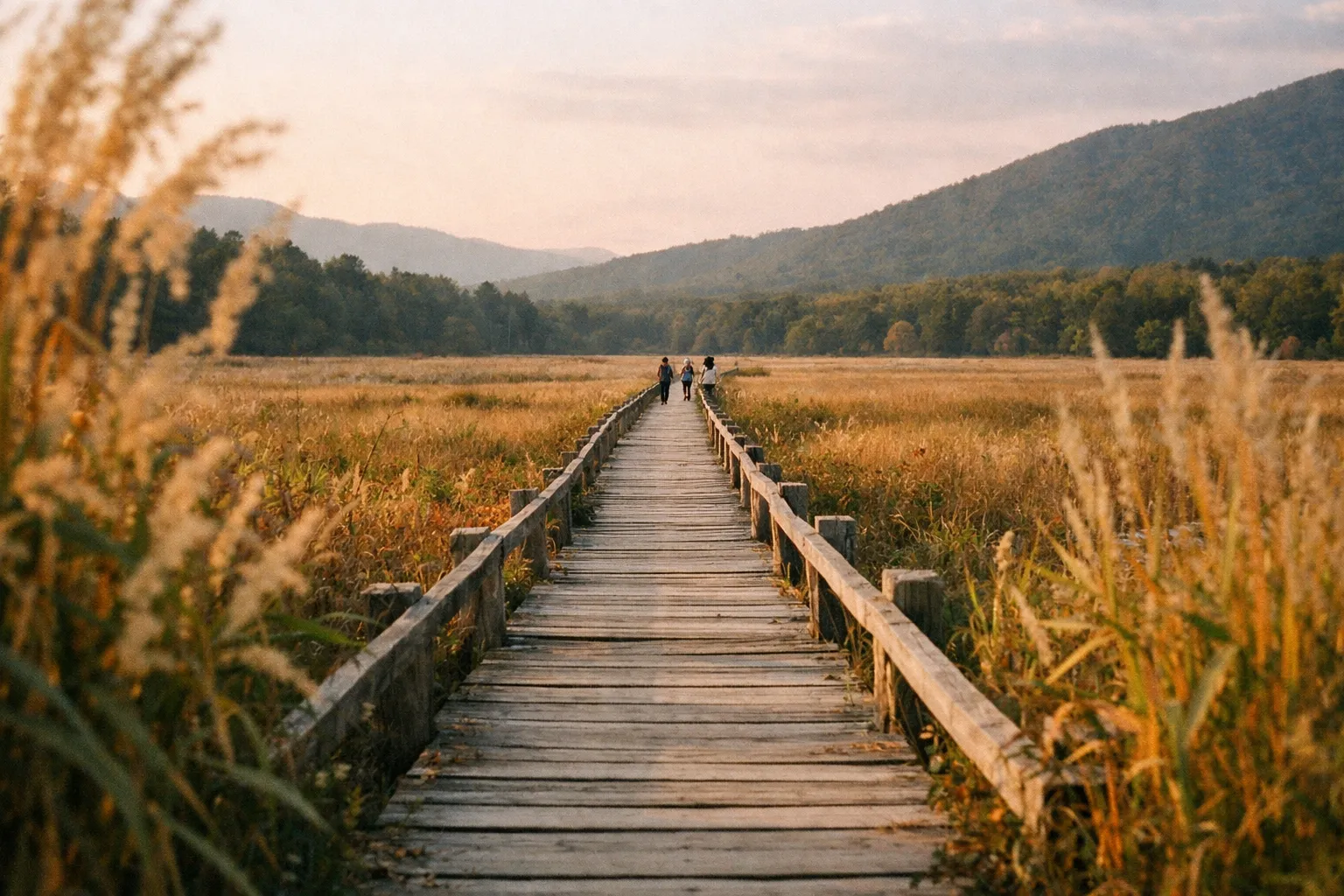 People walk along a wooden boardwalk through grassy marshland with mountains in the background.