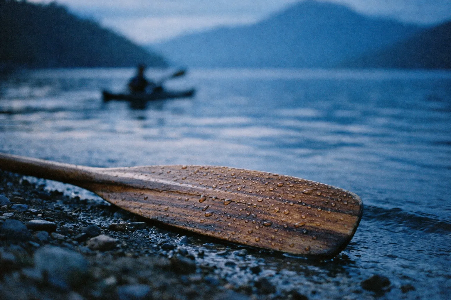 A wet wooden paddle rests on a lakeshore with a person kayaking in the background.