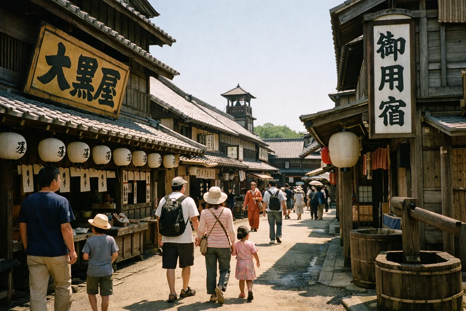 Visitors walk through an Edo-period style street lined with wooden buildings and lanterns in Nikko Edo Wonderland.