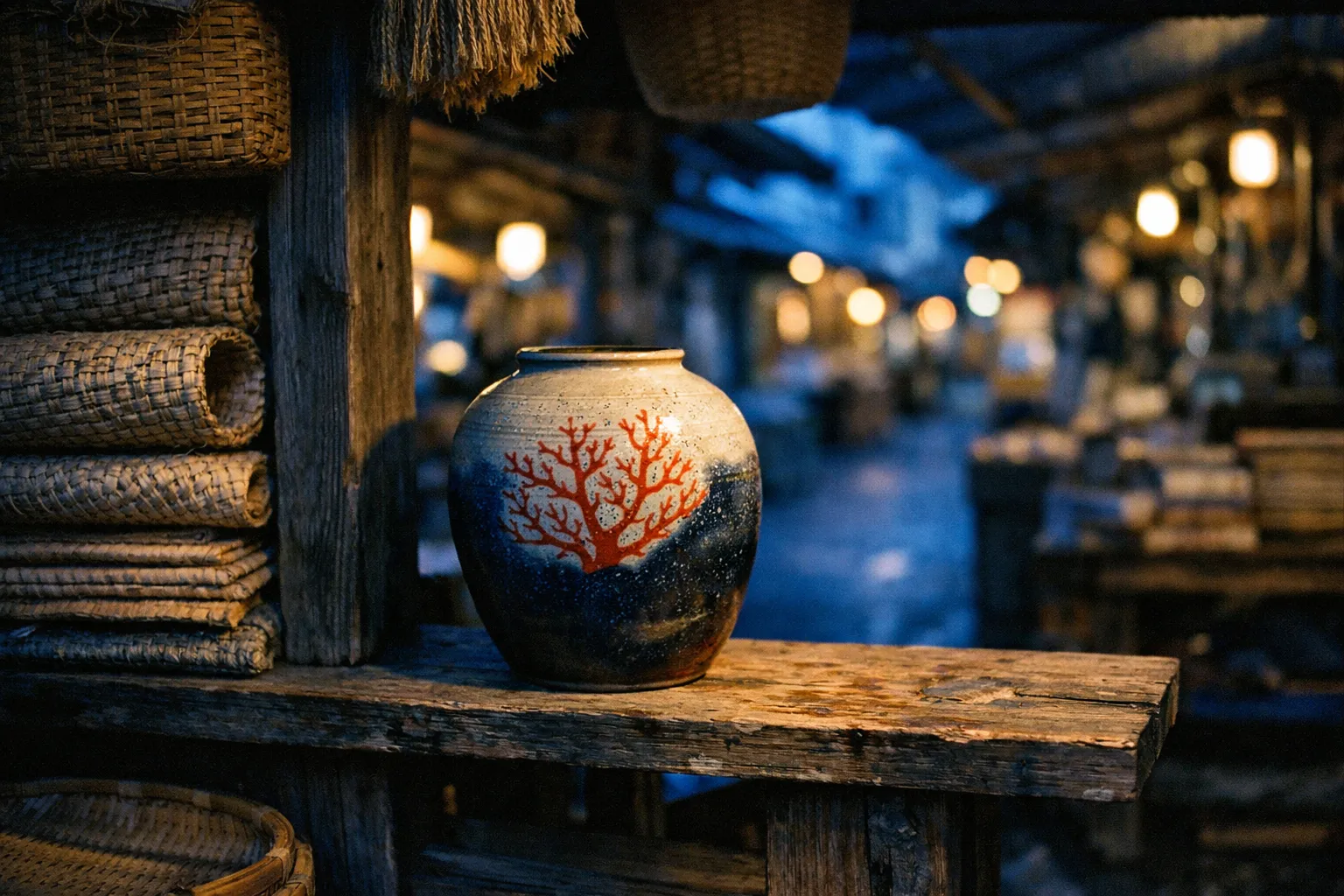 A ceramic vase with a red coral design sits on a wooden stall in a traditional outdoor market at dusk.