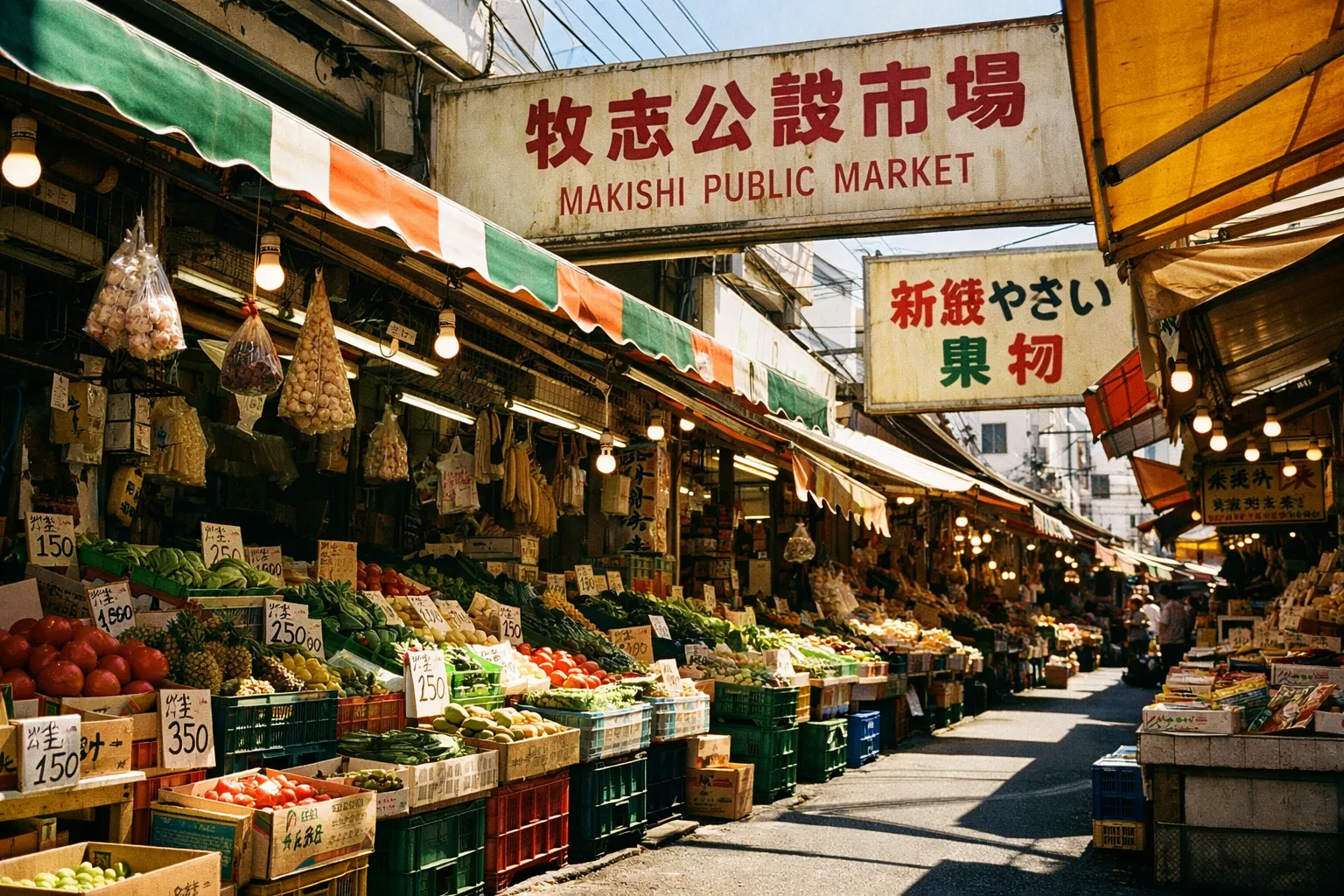 Fresh produce and goods for sale at Makishi Public Market in Okinawa's open-air shopping street.