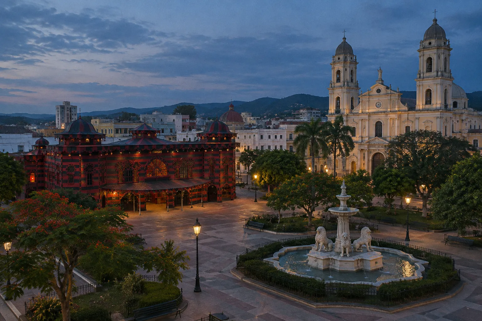 Plaza Las Delicias and Ponce Cathedral at dusk in Ponce, Puerto Rico.