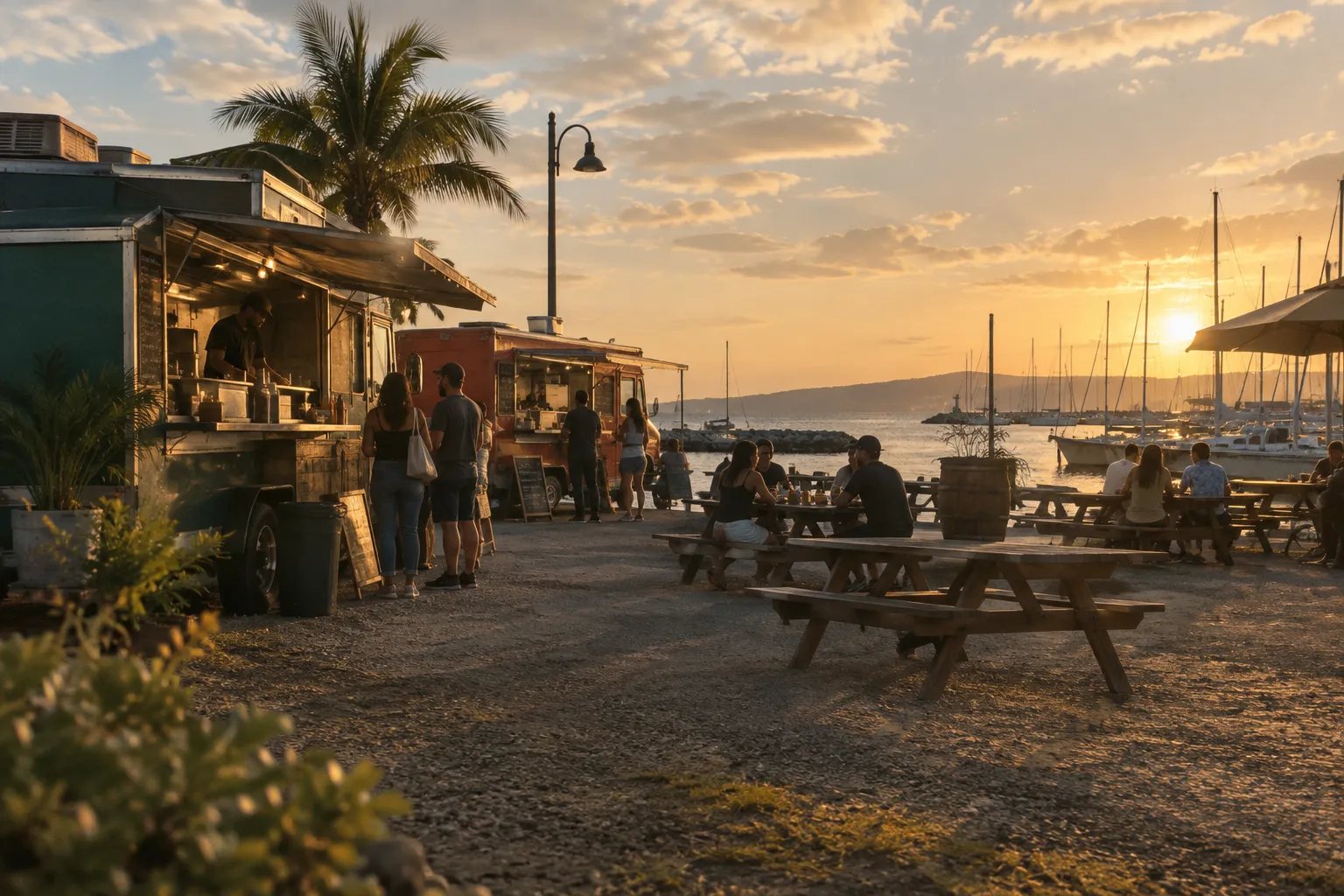 People gather at waterfront food trucks and picnic tables beside a marina at sunset.
