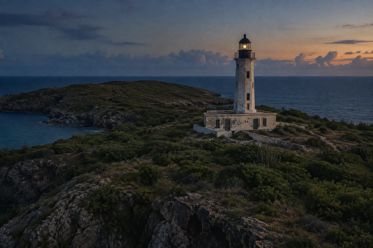 A lighthouse stands on a rocky, shrub-covered coast beside the sea at sunset.
