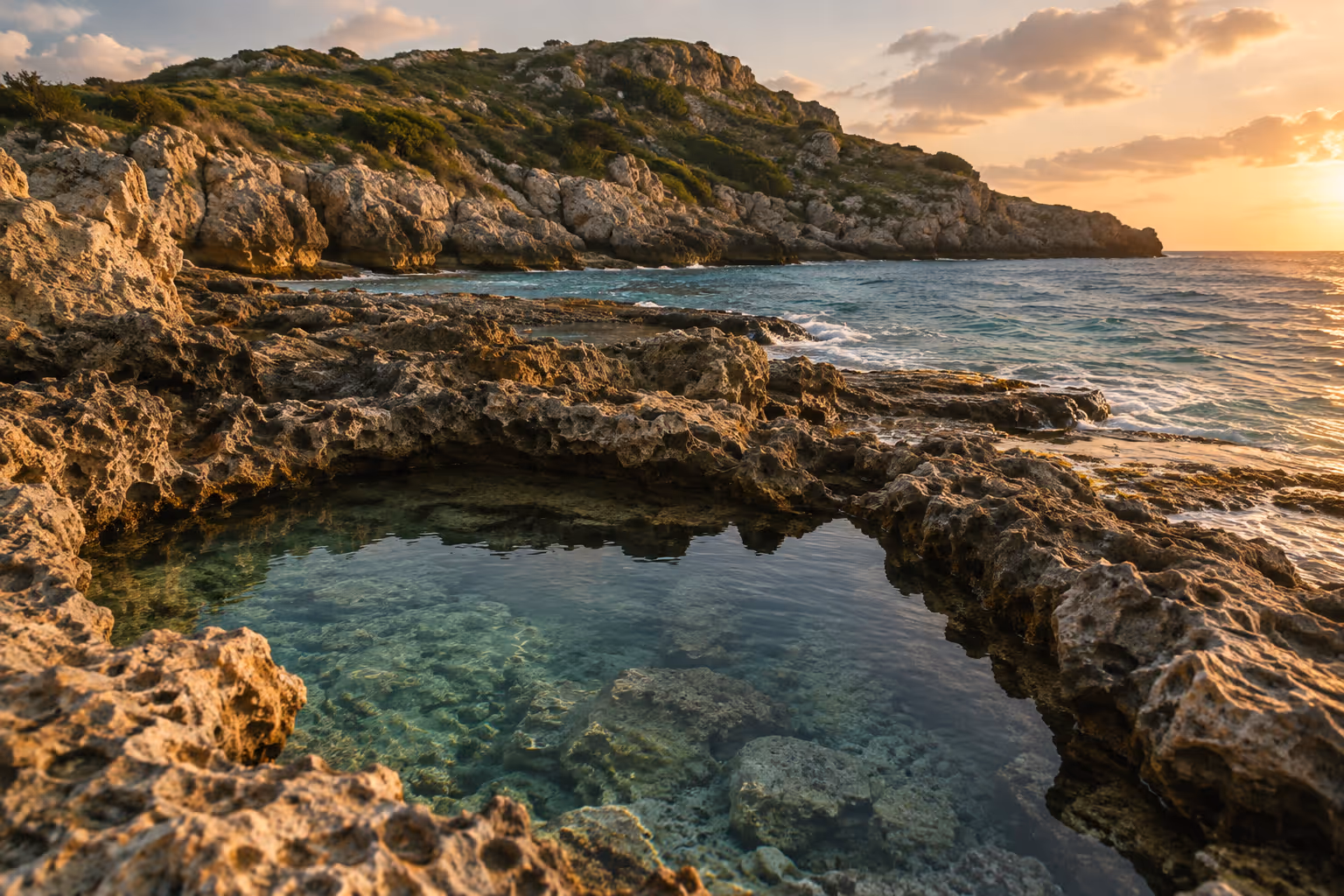 A clear tidal pool sits among rocky shores beside the sea at sunset.