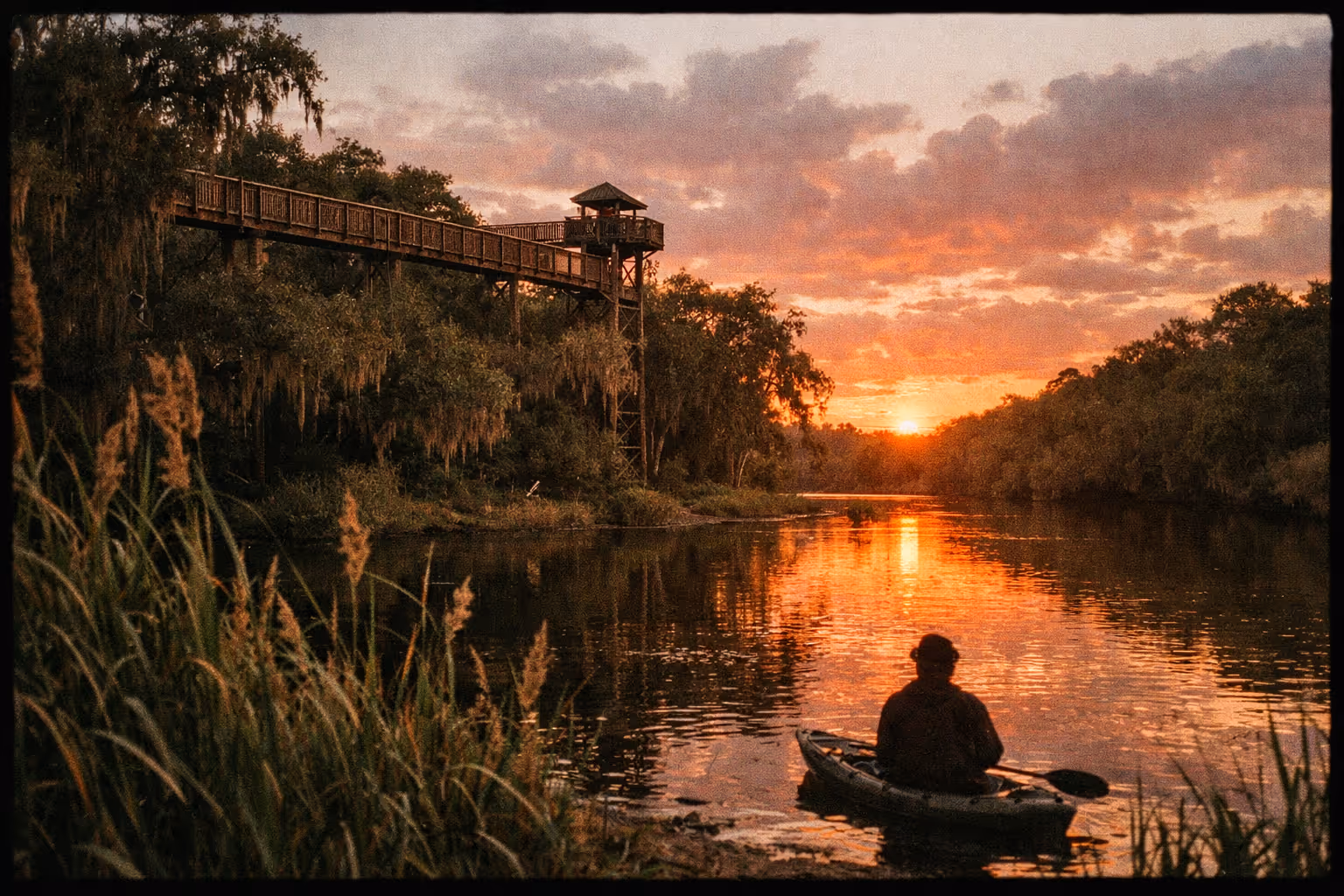 Myakka River State Park at golden hour, with the canopy walkway above the marsh and a distant silhouette on the shore.