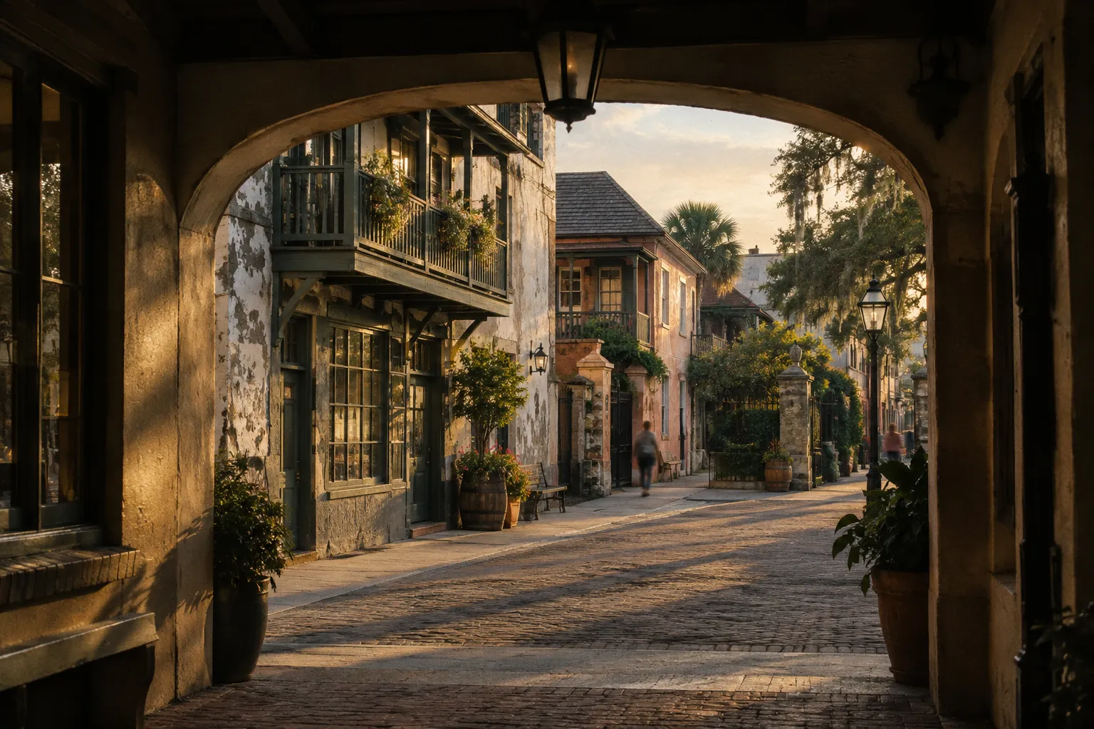 A quiet cobblestone street lined with historic buildings in St. Augustine.