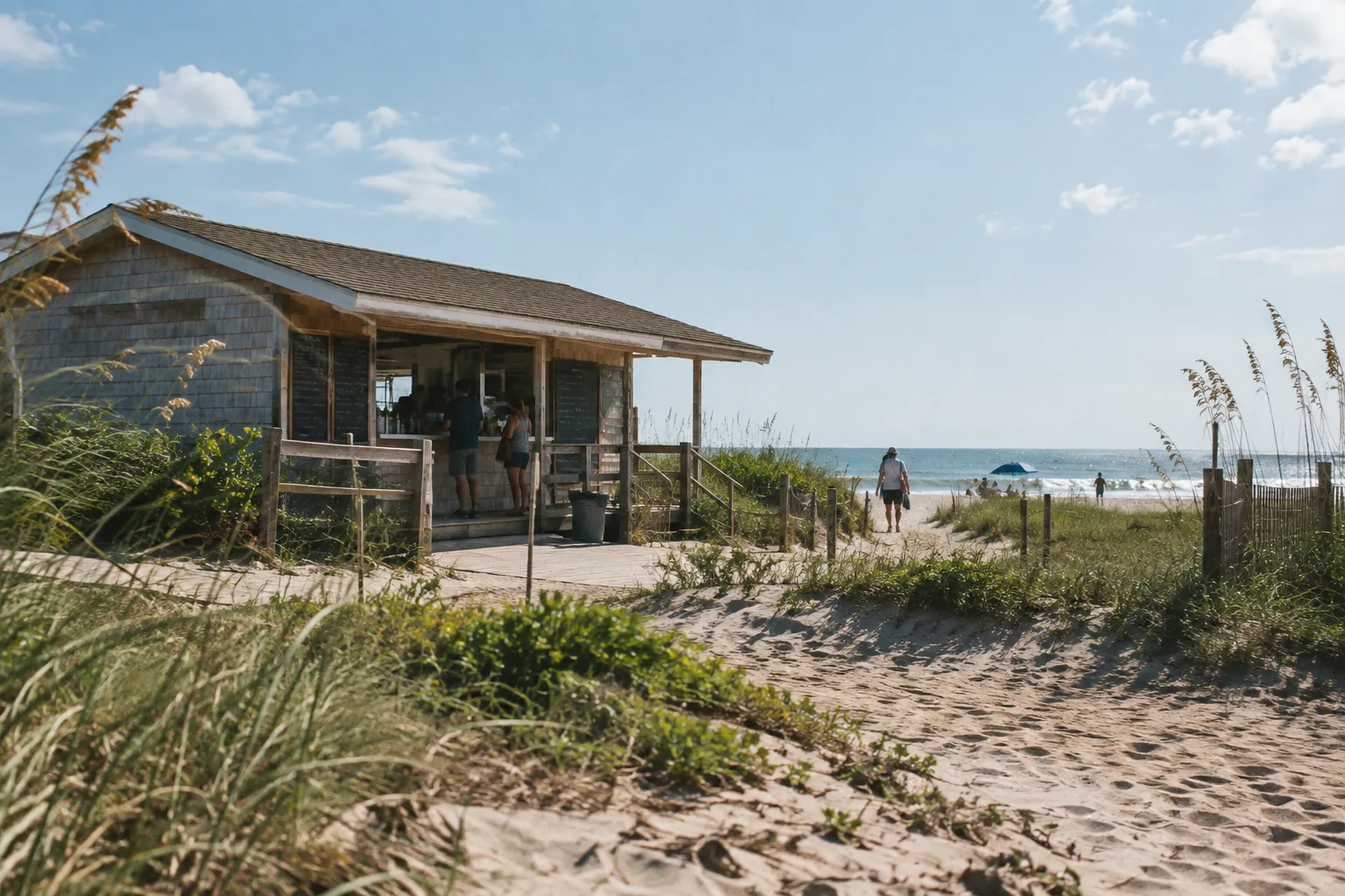 A beachside snack shack overlooks a sandy beach and ocean in St. Augustine.