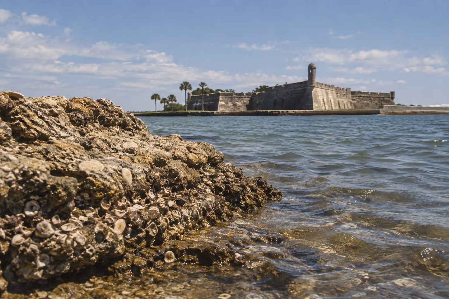 Castillo de San Marcos stands across the water from a rocky shoreline in St. Augustine.