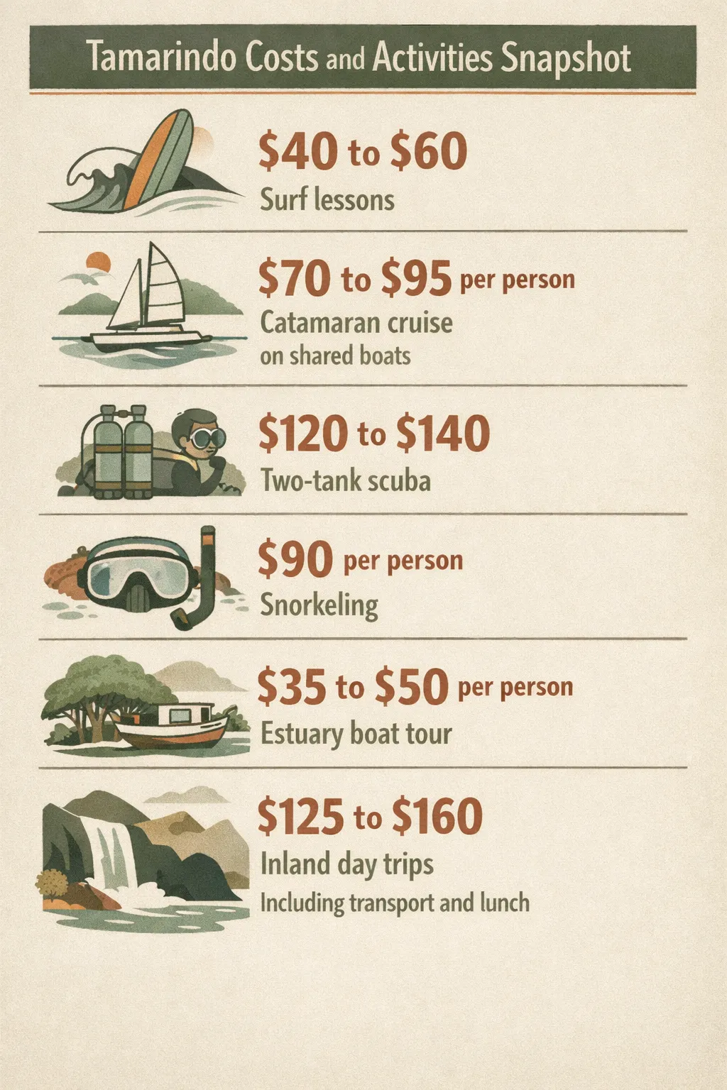 Flat-design infographic showing Tamarindo water-activity costs: surf lessons $40 to $60, catamaran $70 to $95 per person