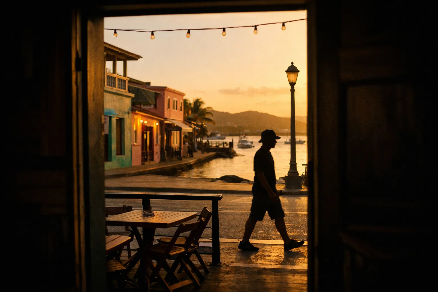 A person walks along a waterfront street lined with colorful buildings at sunset in a tropical town.