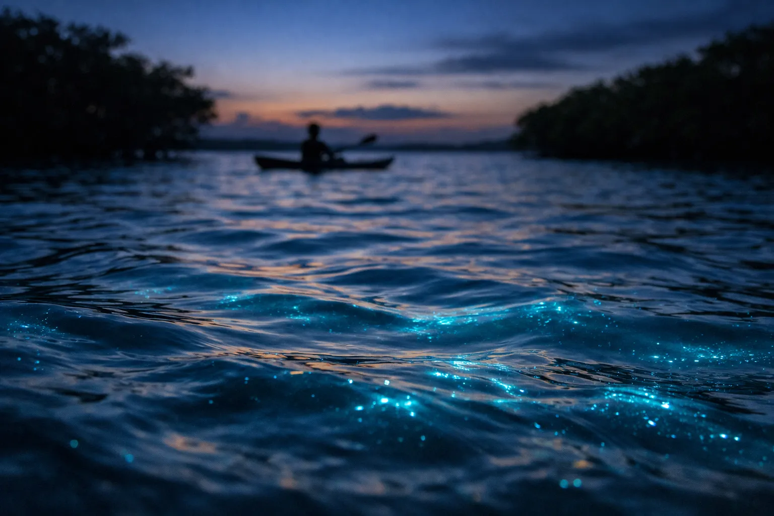 A person kayaks at dusk on bioluminescent waters surrounded by mangroves.