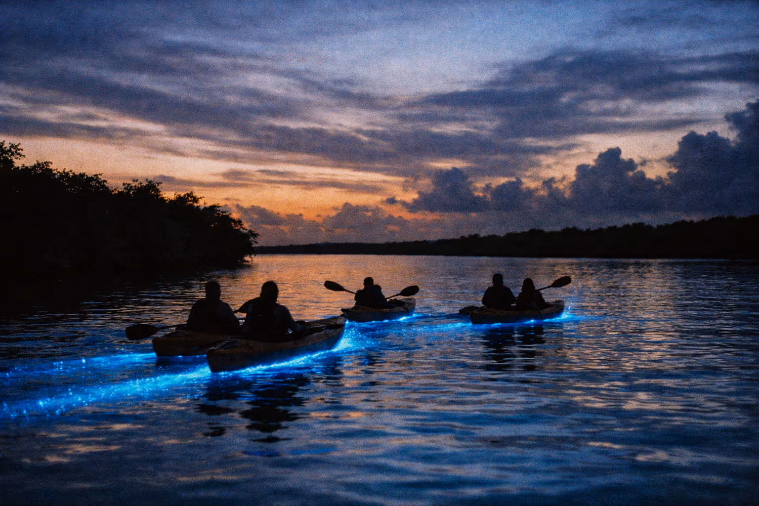 People kayaking at dusk in Vieques Bioluminescent Bay, with glowing blue water trails under their boats.