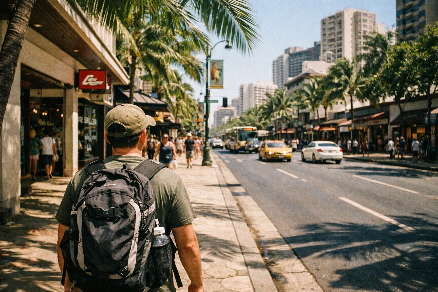 A person with a backpack walks along a busy Waikiki street lined with palm trees and shops.