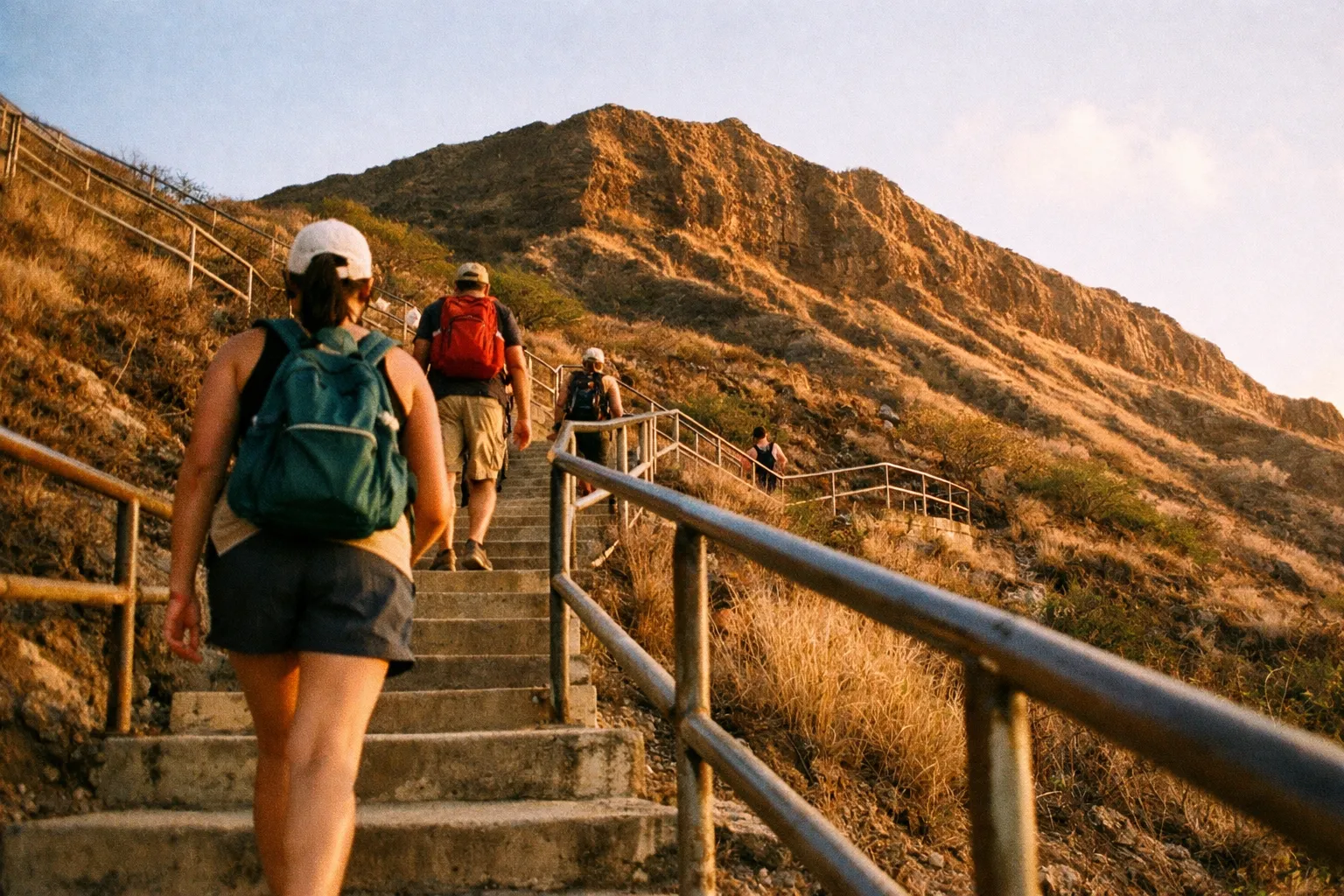 People hiking up the stairs toward the summit of Diamond Head crater in Waikiki, Hawaii.