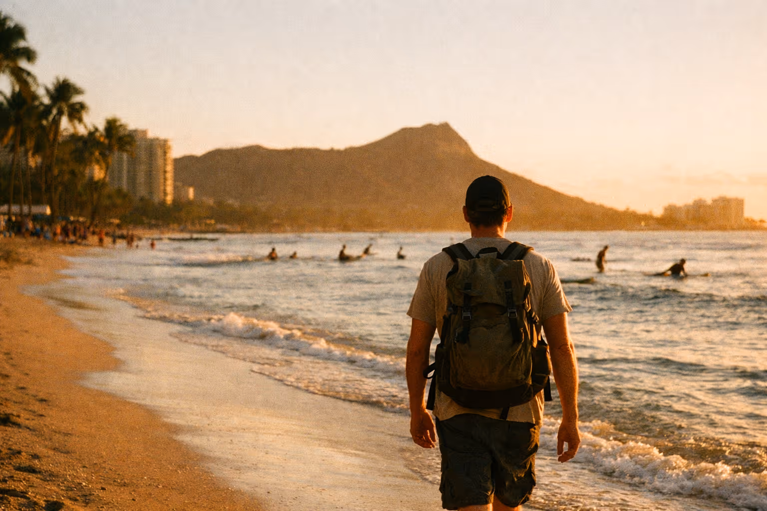 A man with a backpack walks along Waikiki Beach at sunset with Diamond Head in the distance.