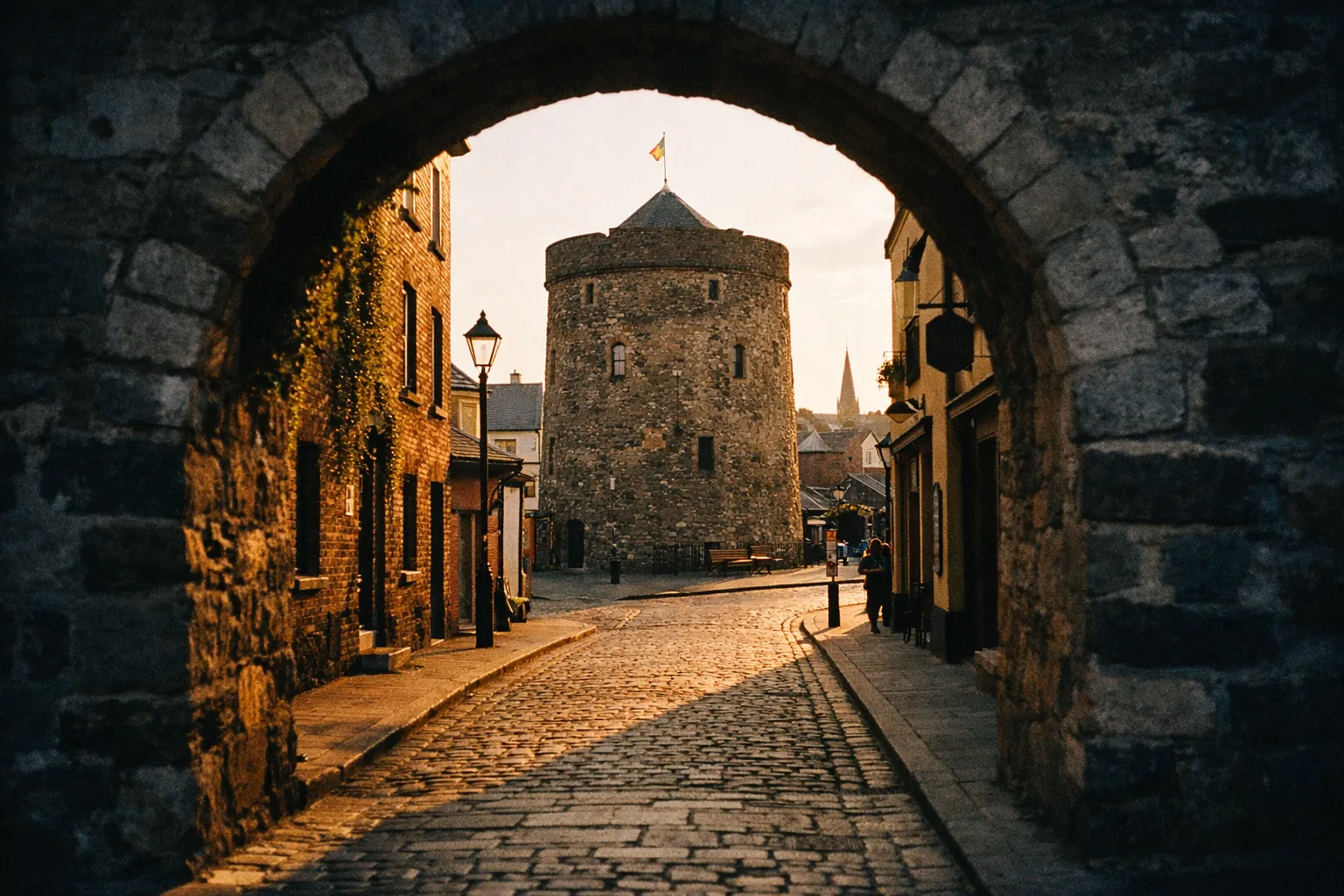 Reginald's Tower stands at the end of a cobbled street framed by a stone arch in Waterford, Ireland.