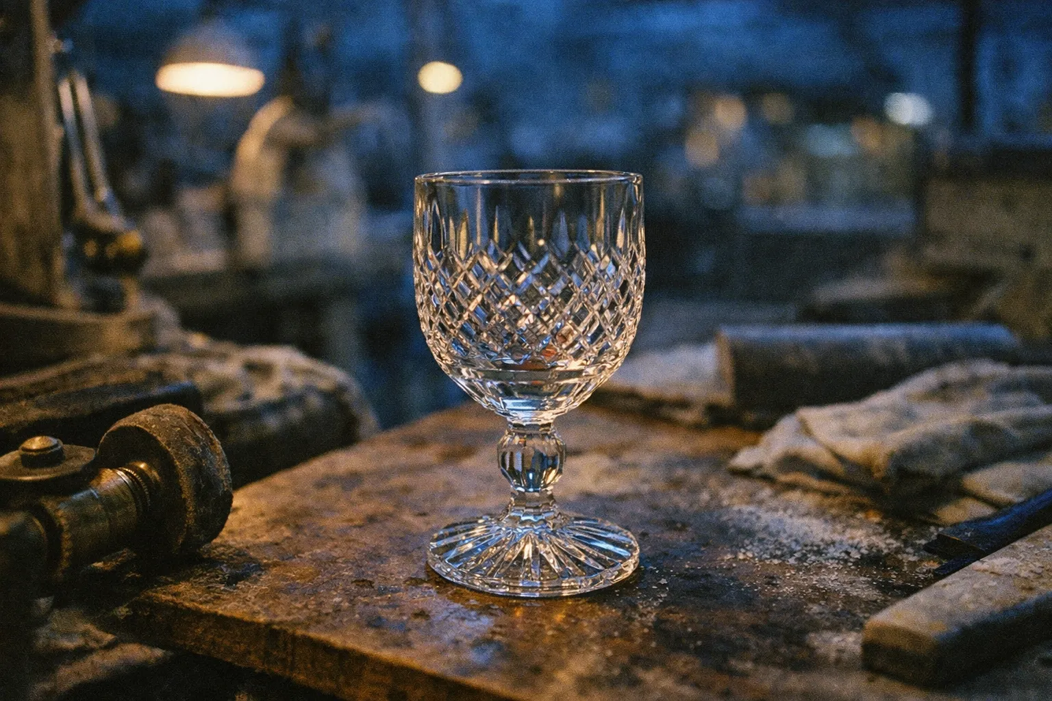 A cut crystal glass stands on a workbench in what appears to be a traditional glassmaking workshop.