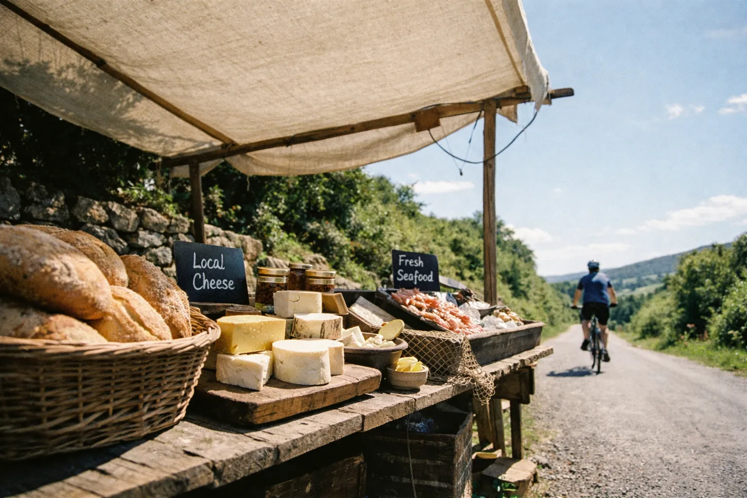 A roadside market stall with bread, cheese, and seafood sits beside a cycling path in the countryside.