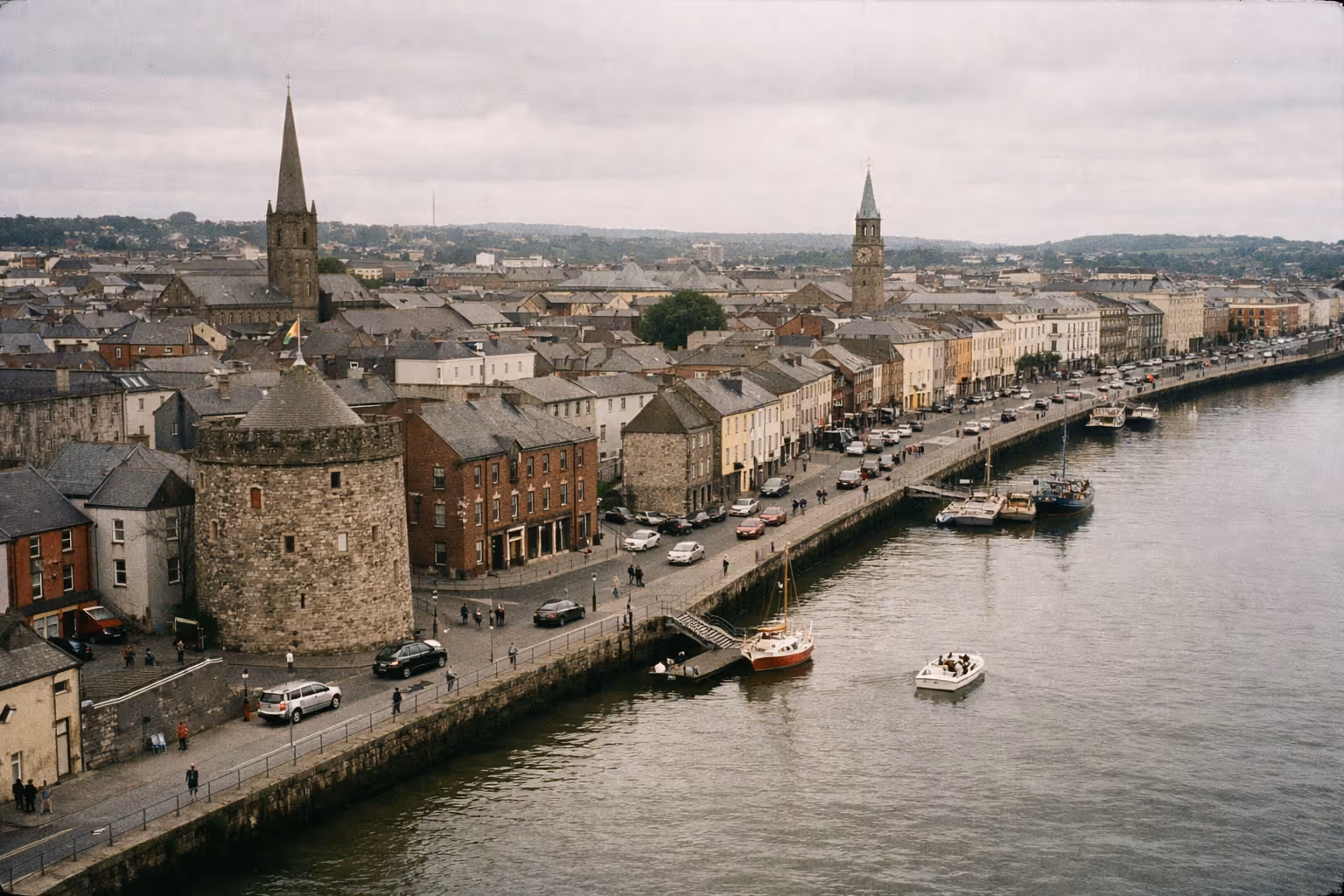 Reginald's Tower and the quayside along the river in central Waterford, Ireland.