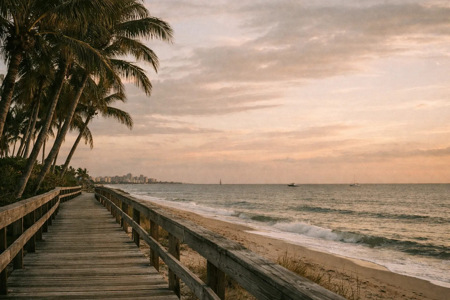 West Palm Beach coastline at golden hour with palm trees, a boardwalk, and calm water