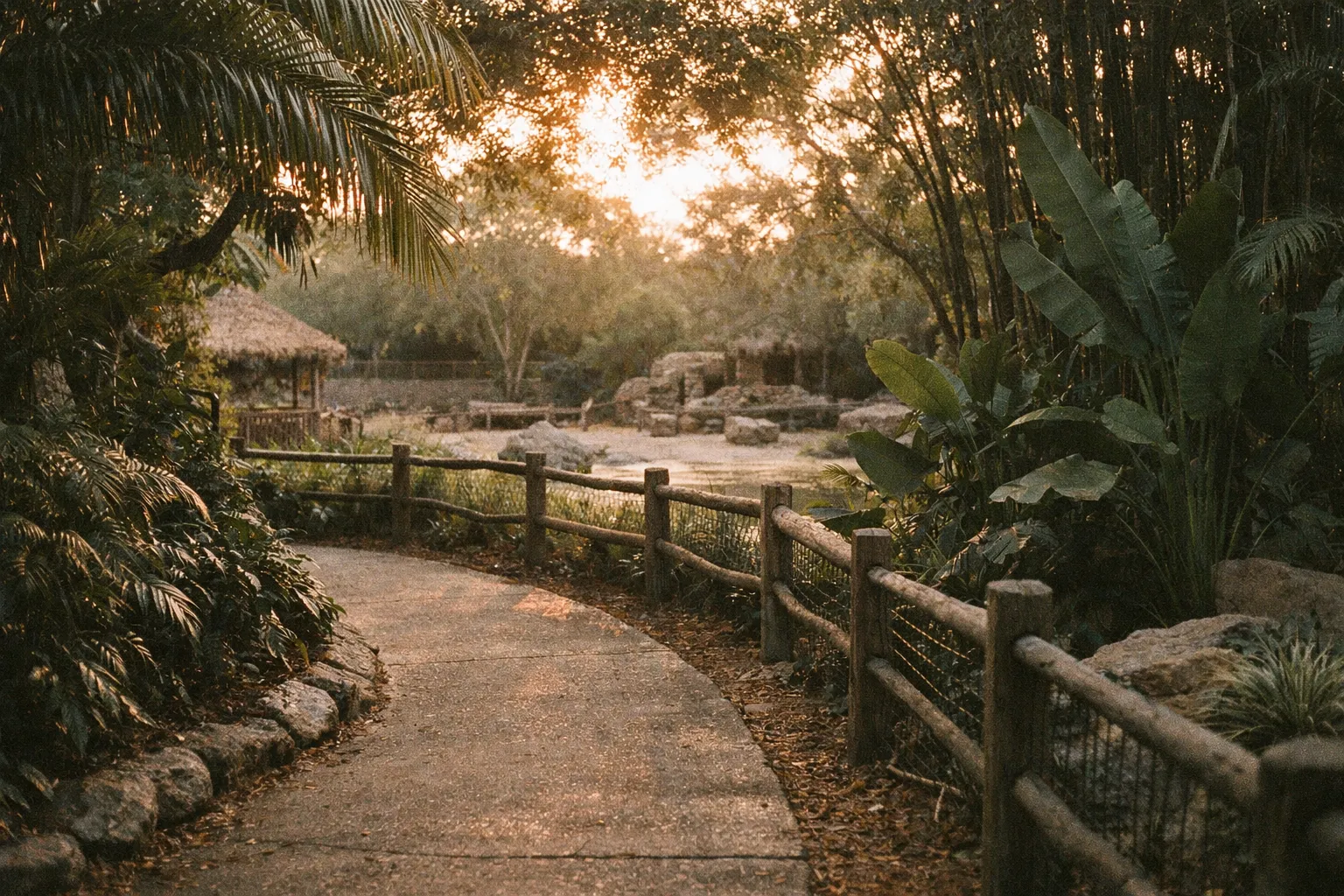 Editorial view through tropical foliage of a Palm Beach Zoo path with a distant enclosure